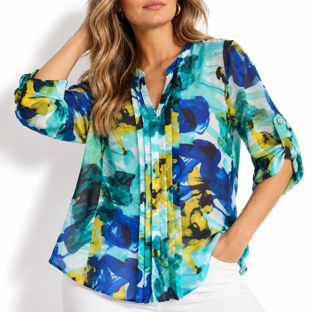 Calvin Klein Chiffon Blouse Large Blue Watercolor Sheer Roll Tab Sleeve Top